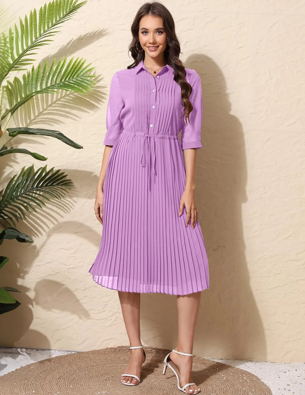 Women V Neck 3/4 Sleeve Pleated A-Line Dress with Belt Swing Midi Dresses for Spring Summer Autumn