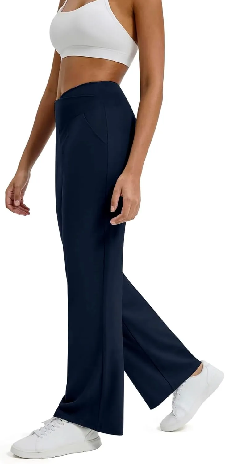 Women Wide Leg Yoga Pants Crossover Yoga Pants with Pockets Tummy Control Flare Leggings Lounge Athletic Pants