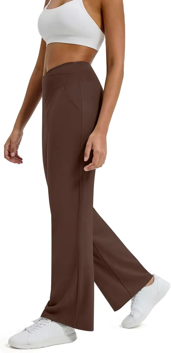 Women Wide Leg Yoga Pants Crossover Yoga Pants with Pockets Tummy Control Flare Leggings Lounge Athletic Pants