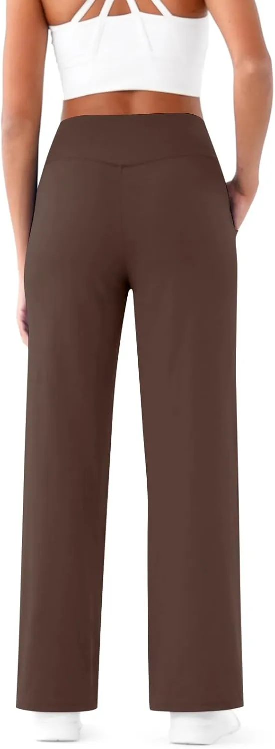 Women Wide Leg Yoga Pants Crossover Yoga Pants with Pockets Tummy Control Flare Leggings Lounge Athletic Pants