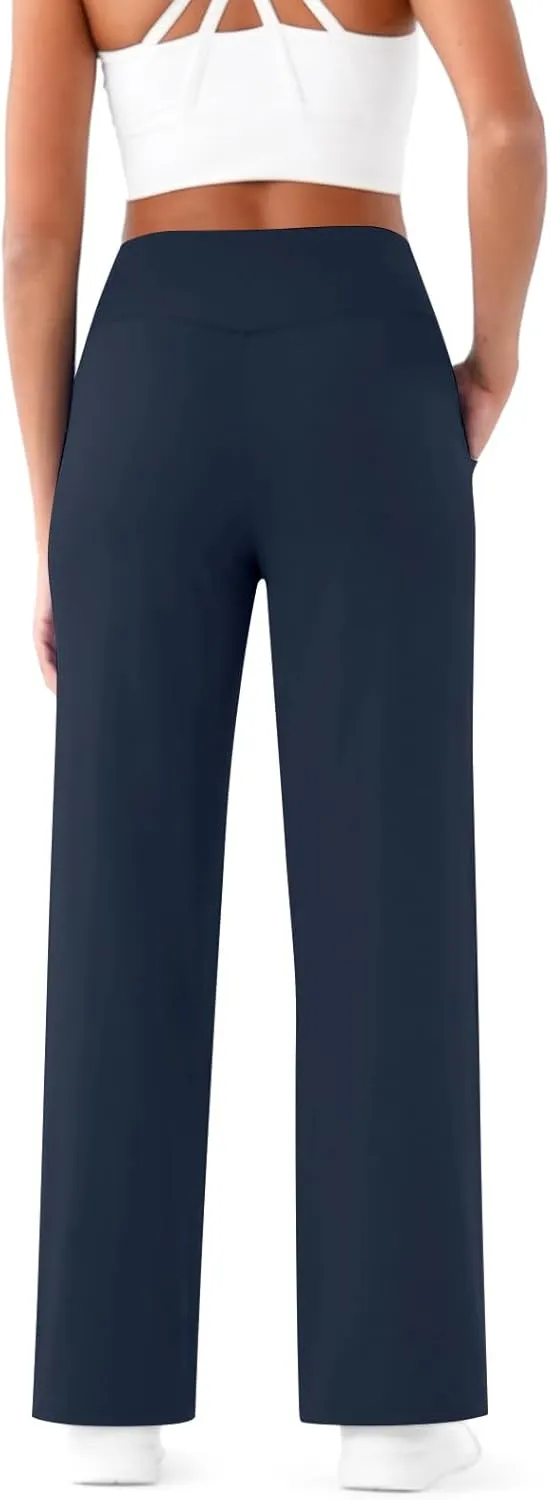 Women Wide Leg Yoga Pants Crossover Yoga Pants with Pockets Tummy Control Flare Leggings Lounge Athletic Pants