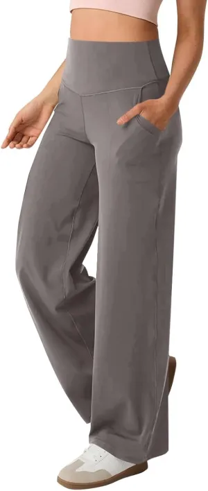 Women Wide Leg Yoga Pants with Pockets Stretch Straight Leg Dress Pant Tummy Summer Pants for Women Casual