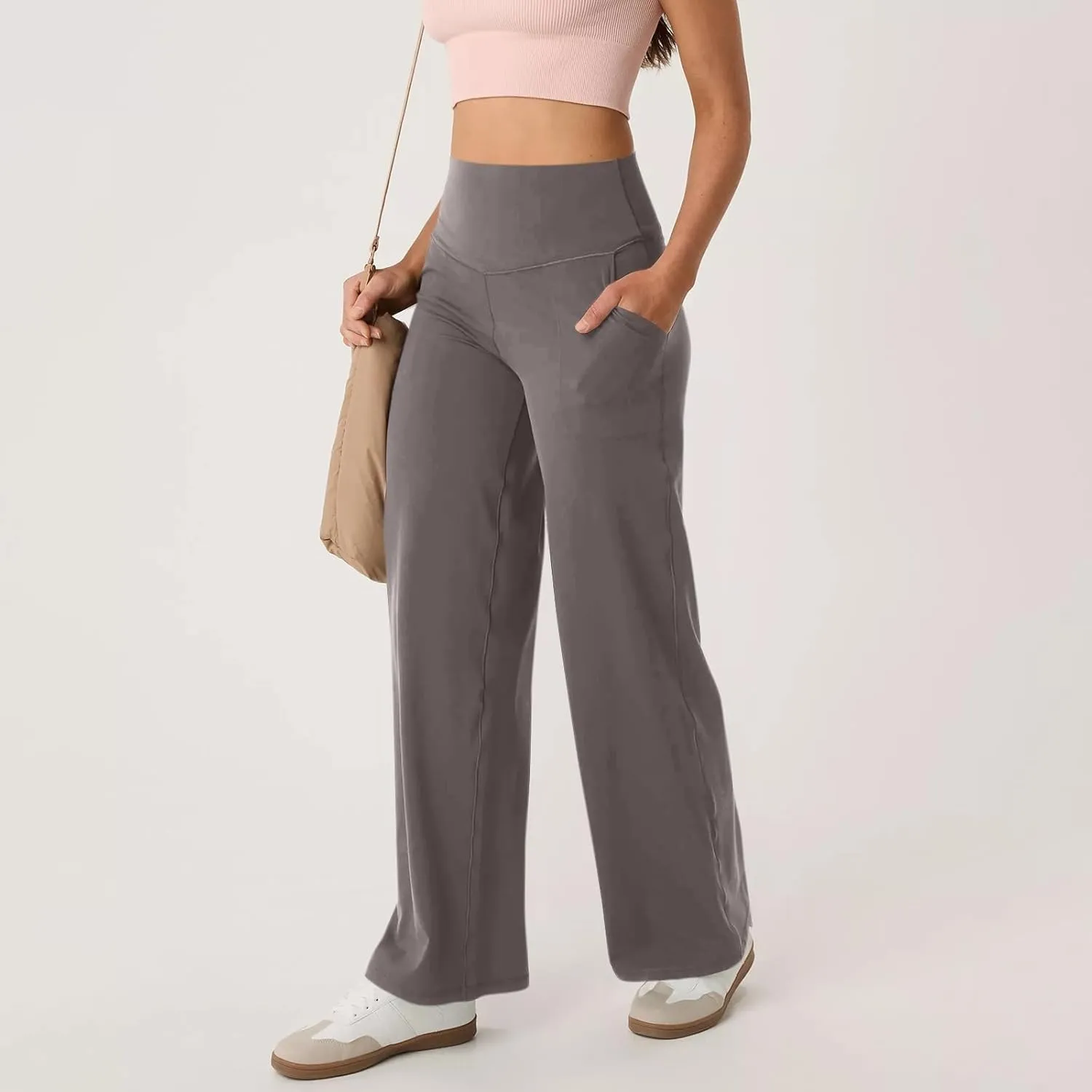 Women Wide Leg Yoga Pants with Pockets Stretch Straight Leg Dress Pant Tummy Summer Pants for Women Casual