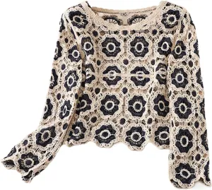 Women Y2k Crochet Floral Knit Pullover Long Sleeve V Neck Sweater Aesthetic Hollow Out Oversized Jumper Top