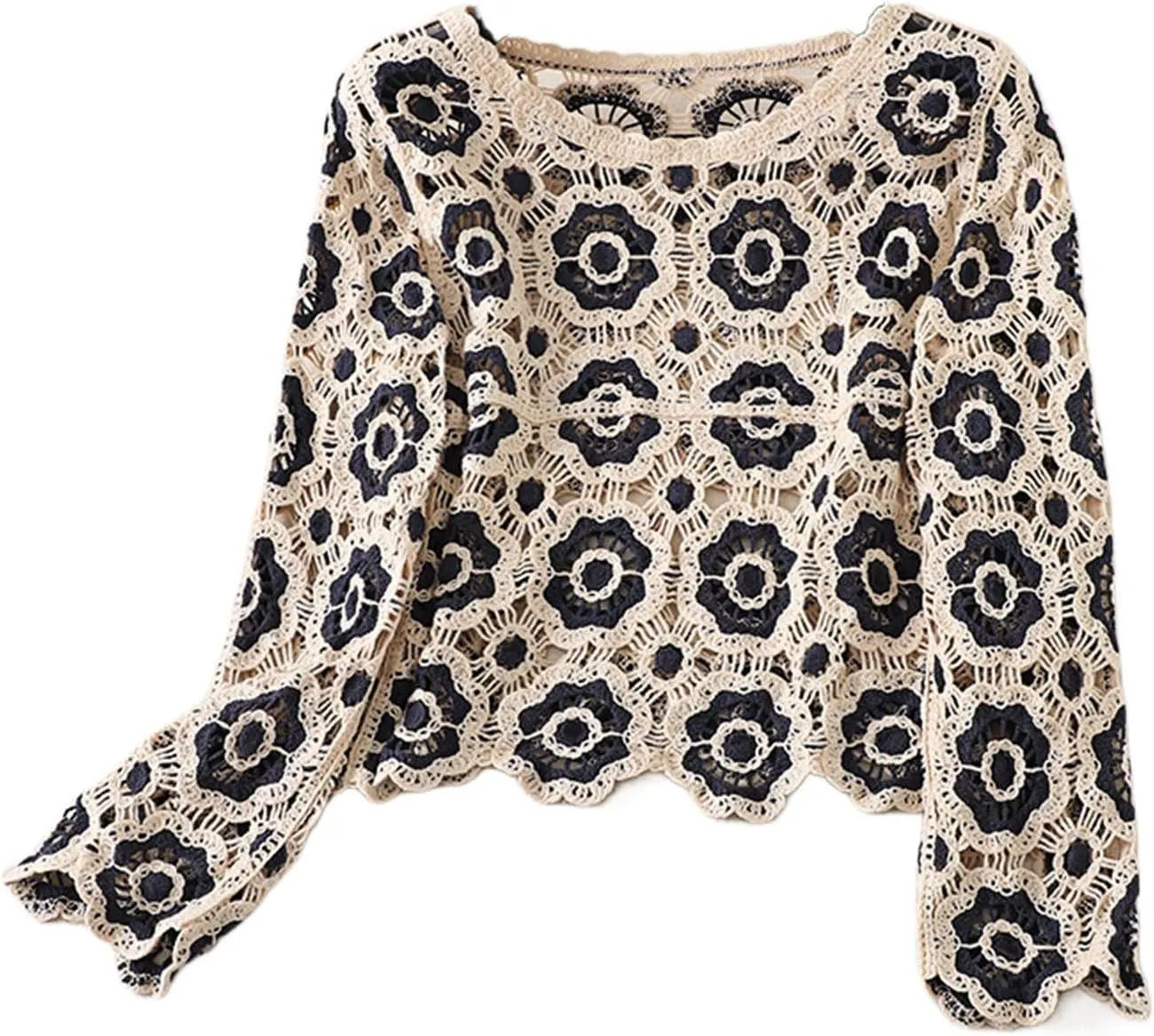 Women Y2k Crochet Floral Knit Pullover Long Sleeve V Neck Sweater Aesthetic Hollow Out Oversized Jumper Top