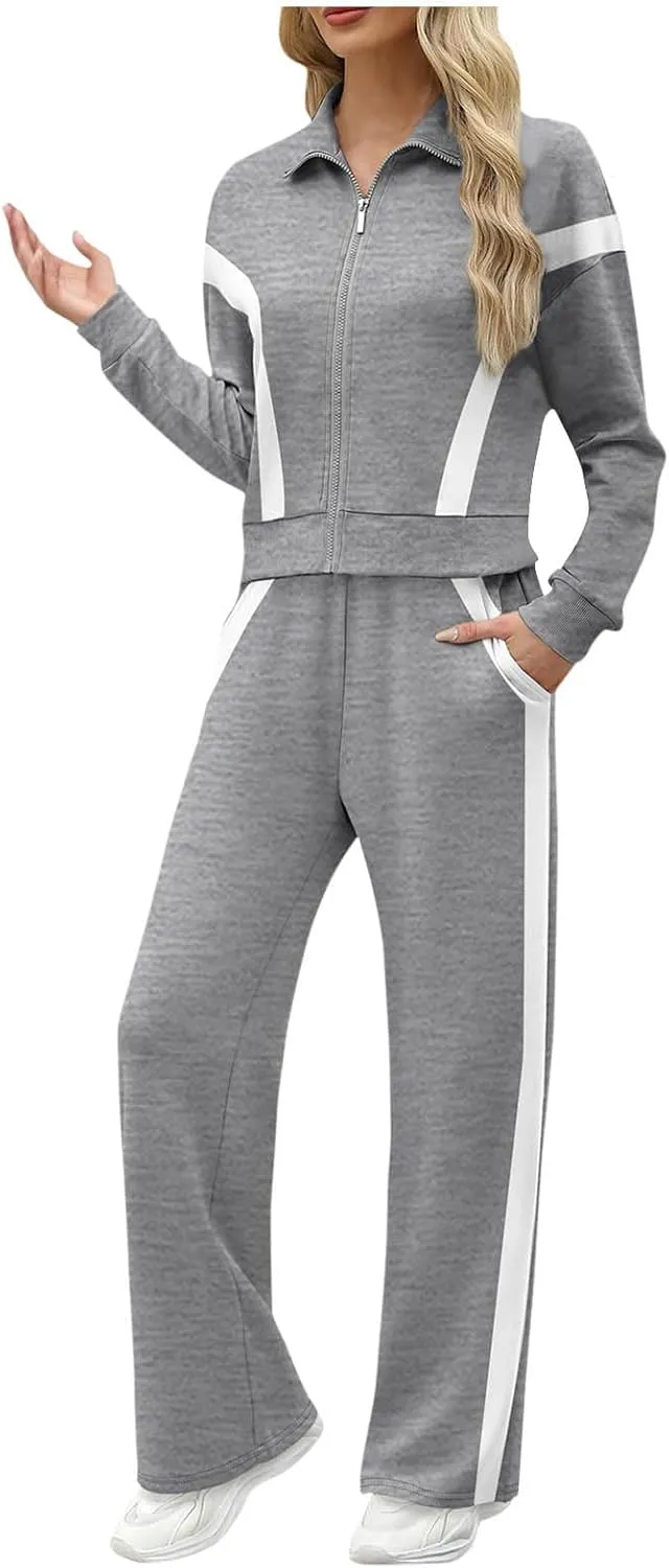 Women's 2 Piece Athleisure Set, Half High Neck Zip Jacket, Wide Leg Elastic High Waisted Pockets Pants Jogging Outfit