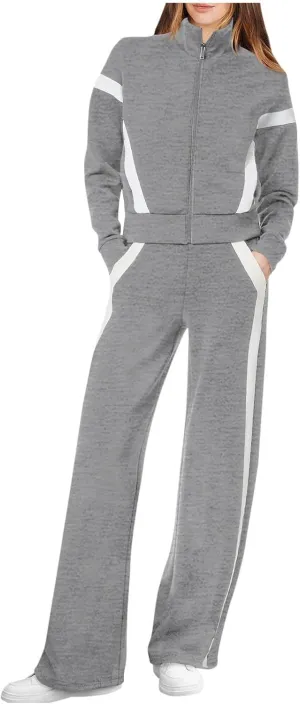 Women's 2 Piece Athleisure Set, Half High Neck Zip Jacket, Wide Leg Elastic High Waisted Pockets Pants Jogging Outfit