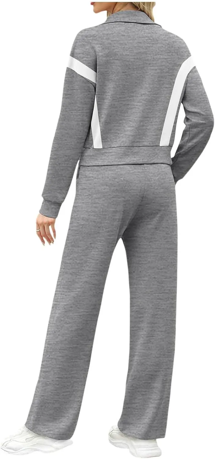 Women's 2 Piece Athleisure Set, Half High Neck Zip Jacket, Wide Leg Elastic High Waisted Pockets Pants Jogging Outfit