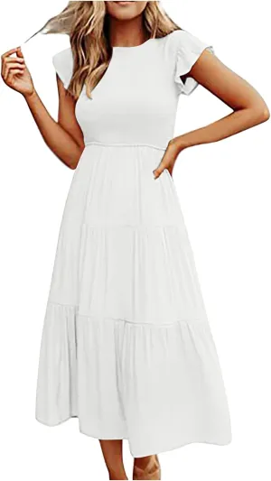 Womens 2023 Summer Casual Flutter Short Sleeve Long Dresses Crew Neck Smocked Elastic Waist Tiered Midi Dress
