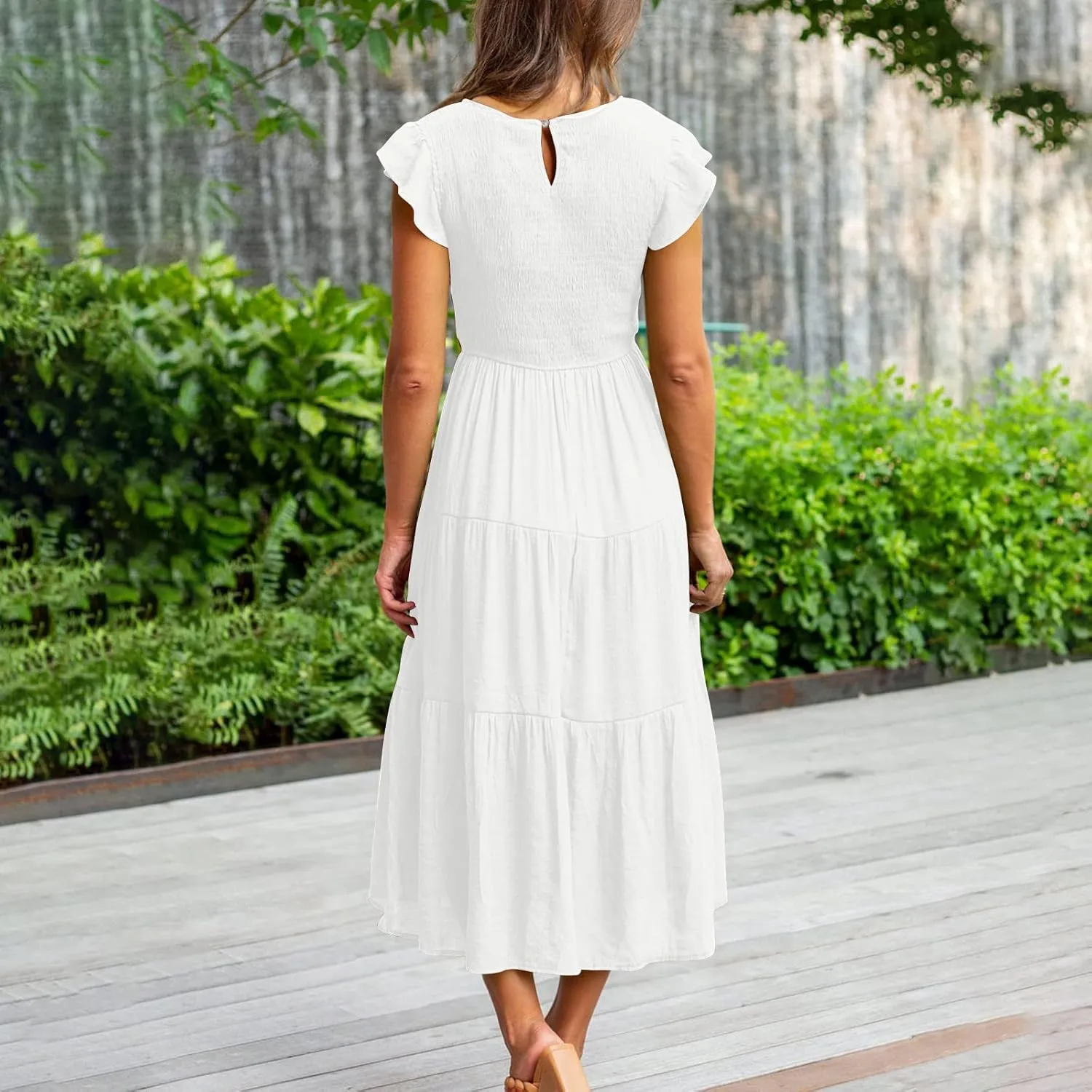 Womens 2023 Summer Casual Flutter Short Sleeve Long Dresses Crew Neck Smocked Elastic Waist Tiered Midi Dress