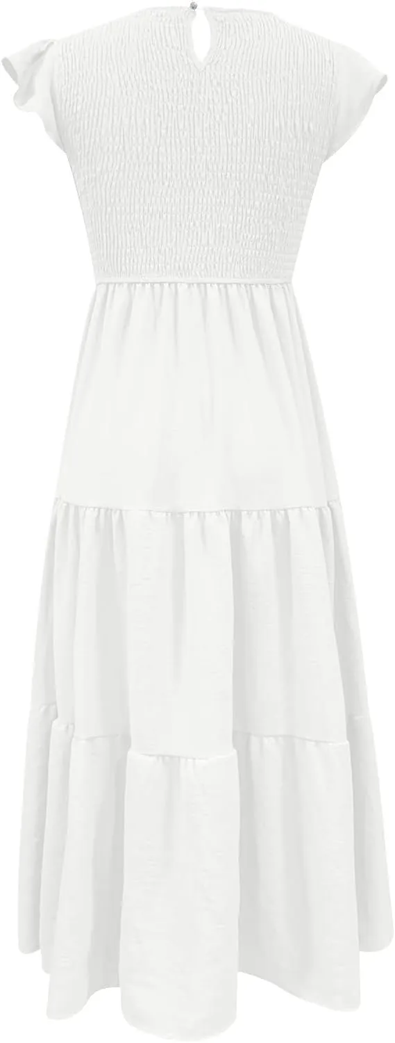 Womens 2023 Summer Casual Flutter Short Sleeve Long Dresses Crew Neck Smocked Elastic Waist Tiered Midi Dress