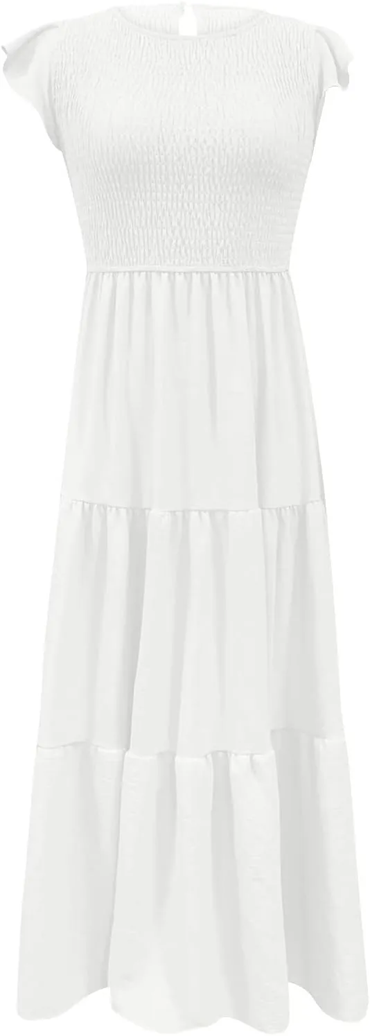 Womens 2023 Summer Casual Flutter Short Sleeve Long Dresses Crew Neck Smocked Elastic Waist Tiered Midi Dress