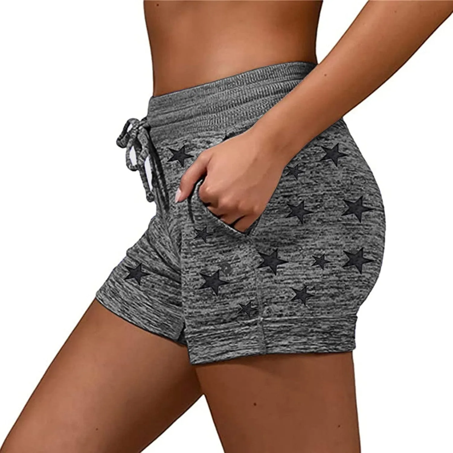 Womens Beach Sport Short Summer Trendy Elastic Slim Drawstring Star Print Short Pants Sport Casual Yoga Short Trouser
