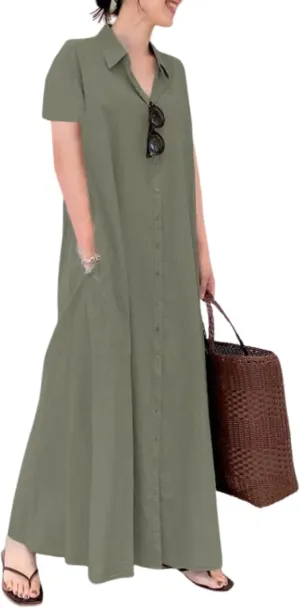 Womens Boho Cotton Maxi Dress V Neck Button Down Kaftan Shirt Dress Long Sleeve Dresses with Pockets Plus Size