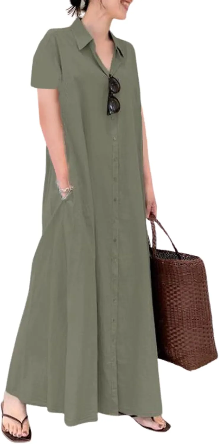 Womens Boho Cotton Maxi Dress V Neck Button Down Kaftan Shirt Dress Long Sleeve Dresses with Pockets Plus Size