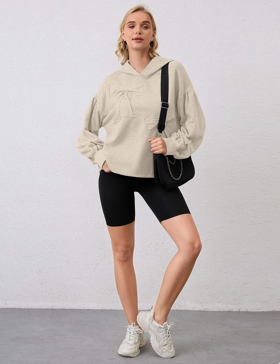 Womens Bow Front Sweatshirt Oversized Long Sleeve Drop Shoulder Bow Pullover Y2k Hoodies