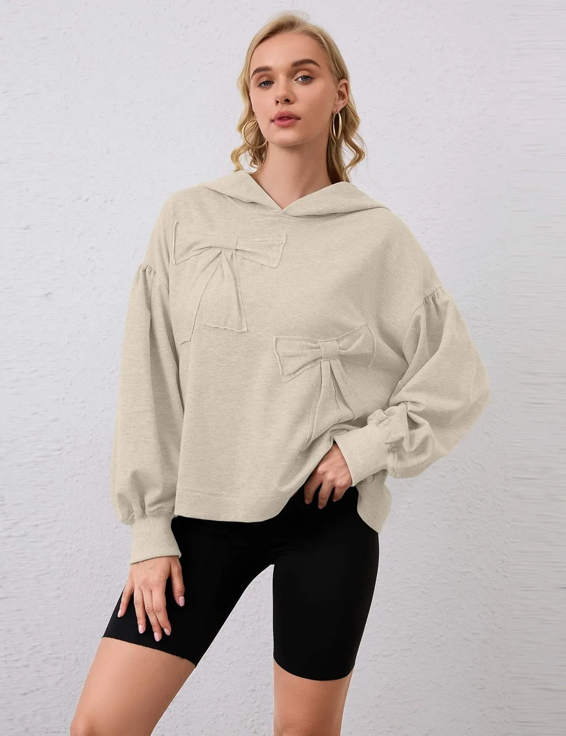 Womens Bow Front Sweatshirt Oversized Long Sleeve Drop Shoulder Bow Pullover Y2k Hoodies
