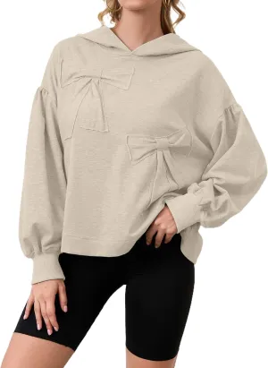 Womens Bow Front Sweatshirt Oversized Long Sleeve Drop Shoulder Bow Pullover Y2k Hoodies
