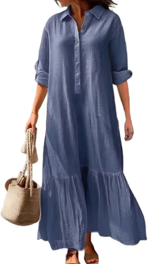 Women's Casual Button Down Cotton Linen Maxi Dress Long Sleeve Casual Lapel Flowy Dresses Loose Beach Vacation Dress