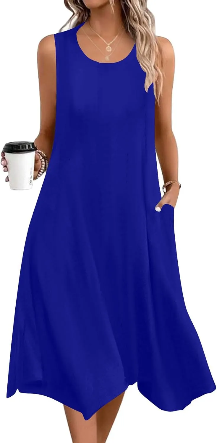 Women's Casual Dress for Summer Tank Dress Loose Flowy Beach Dress with Pockets Asymmetrical Hem Midi Sundress 2025