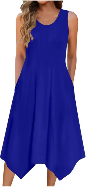Women's Casual Dress for Summer Tank Dress Loose Flowy Beach Dress with Pockets Asymmetrical Hem Midi Sundress 2025