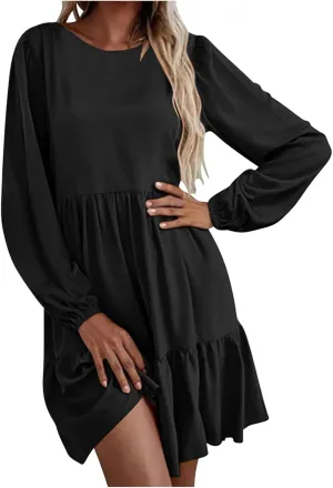 Women's Casual Dresses Fall Winter Lantern Long Sleeve High Waisted Ruffle Flowy Tiered Mini Dress Cute Babydoll Dress