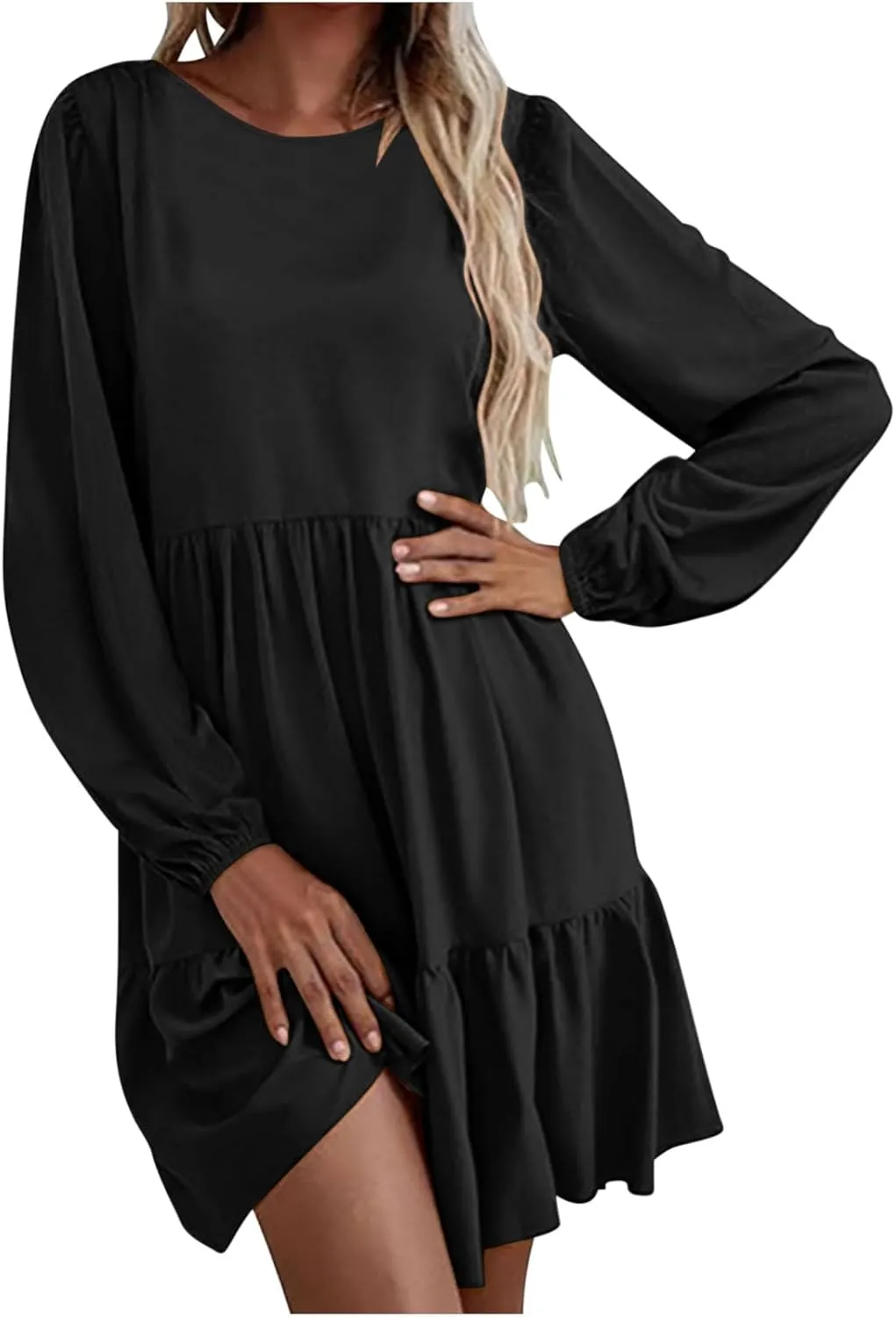 Women's Casual Dresses Fall Winter Lantern Long Sleeve High Waisted Ruffle Flowy Tiered Mini Dress Cute Babydoll Dress