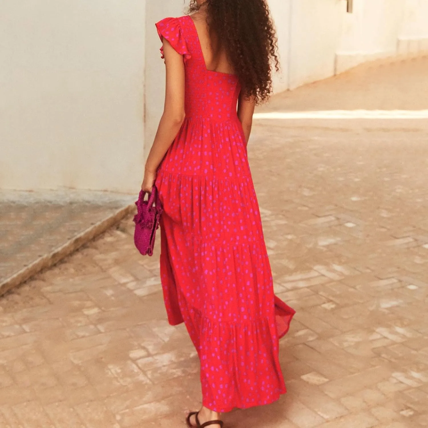Women's Casual Maxi Dresses Ruffle Sleeve Smocked Dress High Waisted Plus Size Long Dresses Split Flowy Sundress