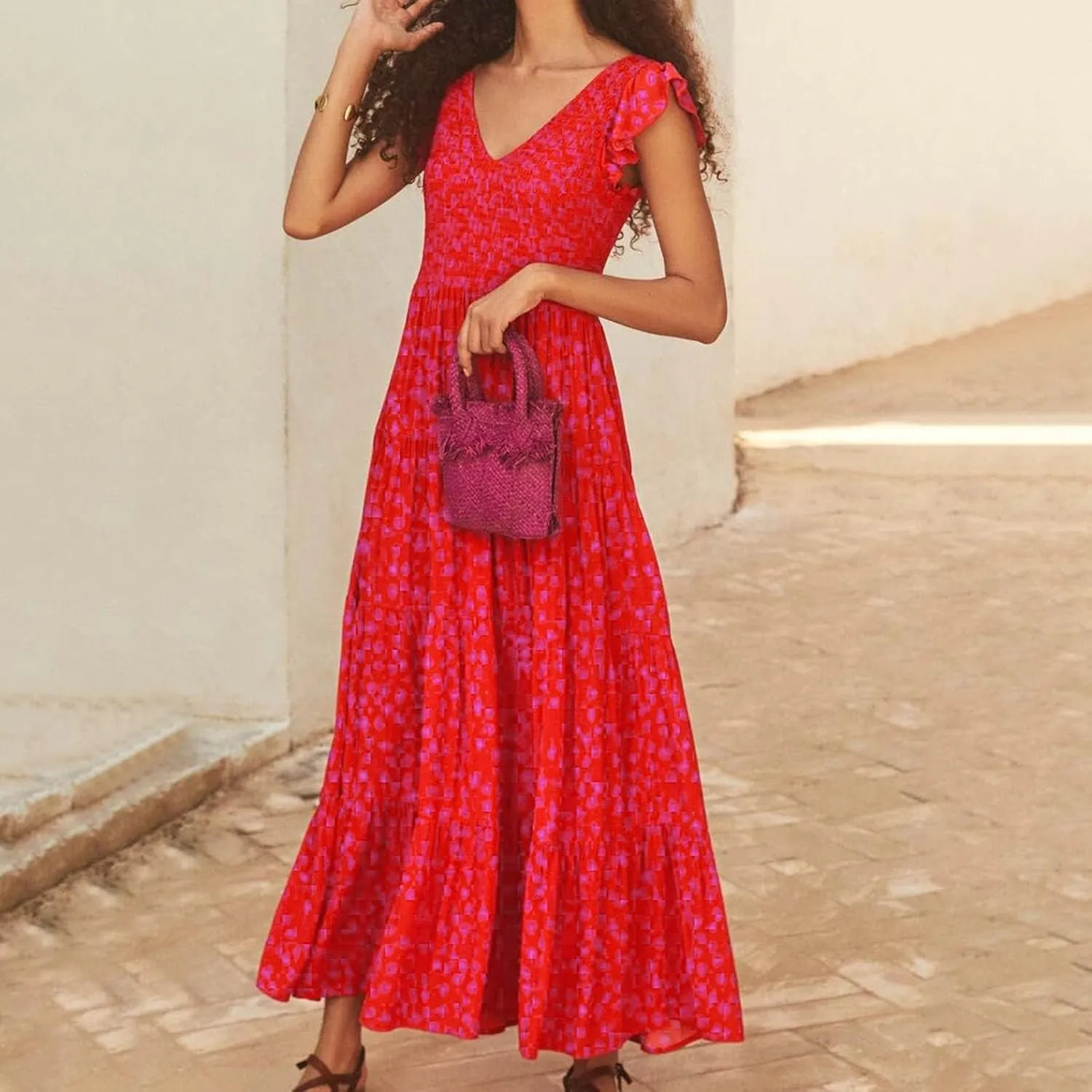 Women's Casual Maxi Dresses Ruffle Sleeve Smocked Dress High Waisted Plus Size Long Dresses Split Flowy Sundress