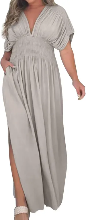 Women's Casual Maxi Dresses Ruffle Sleeve Smocked Dress High Waisted Plus Size Long Dresses Split Flowy Sundress