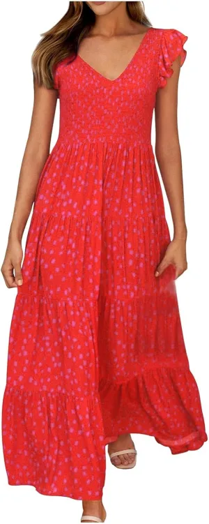 Women's Casual Maxi Dresses Ruffle Sleeve Smocked Dress High Waisted Plus Size Long Dresses Split Flowy Sundress
