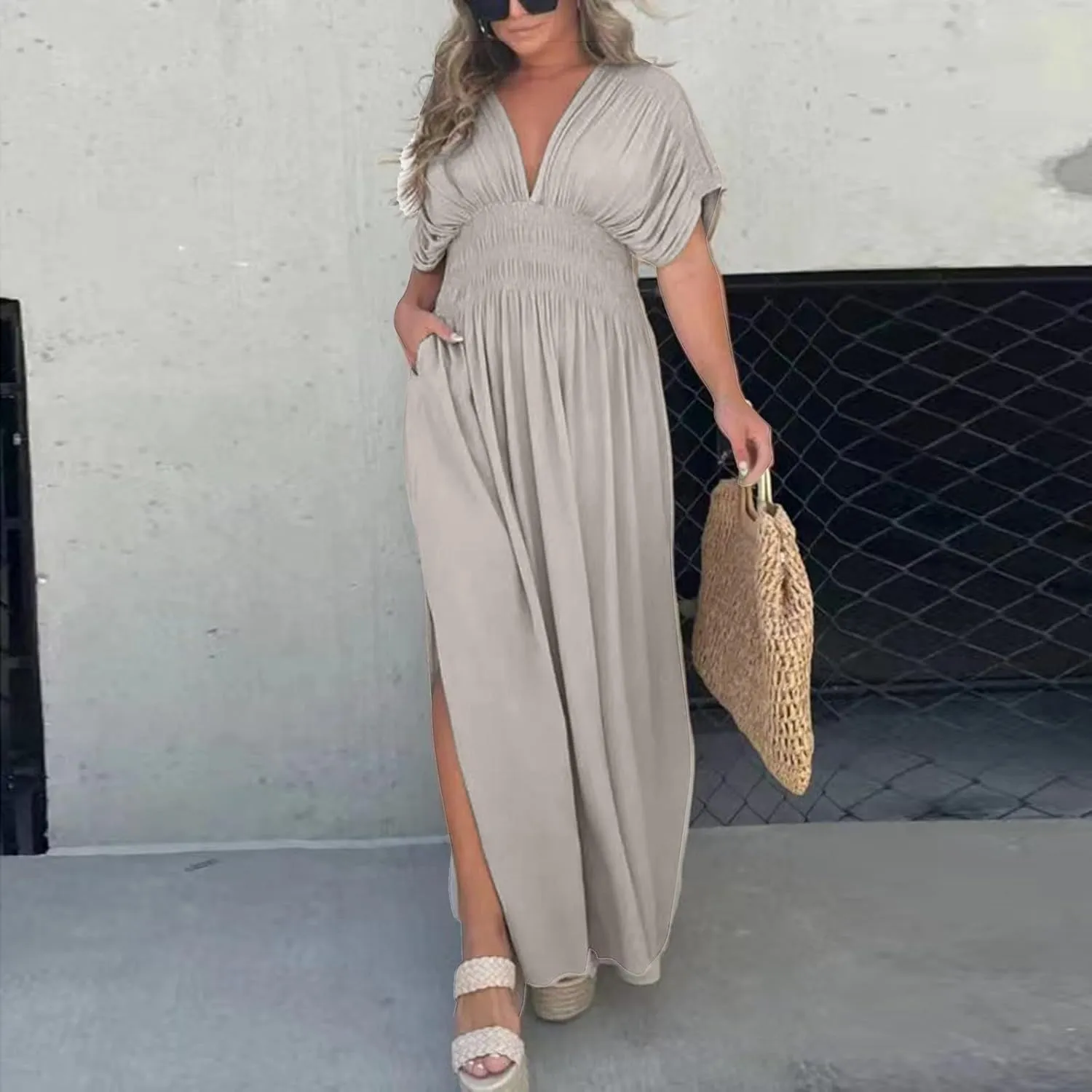 Women's Casual Maxi Dresses Ruffle Sleeve Smocked Dress High Waisted Plus Size Long Dresses Split Flowy Sundress