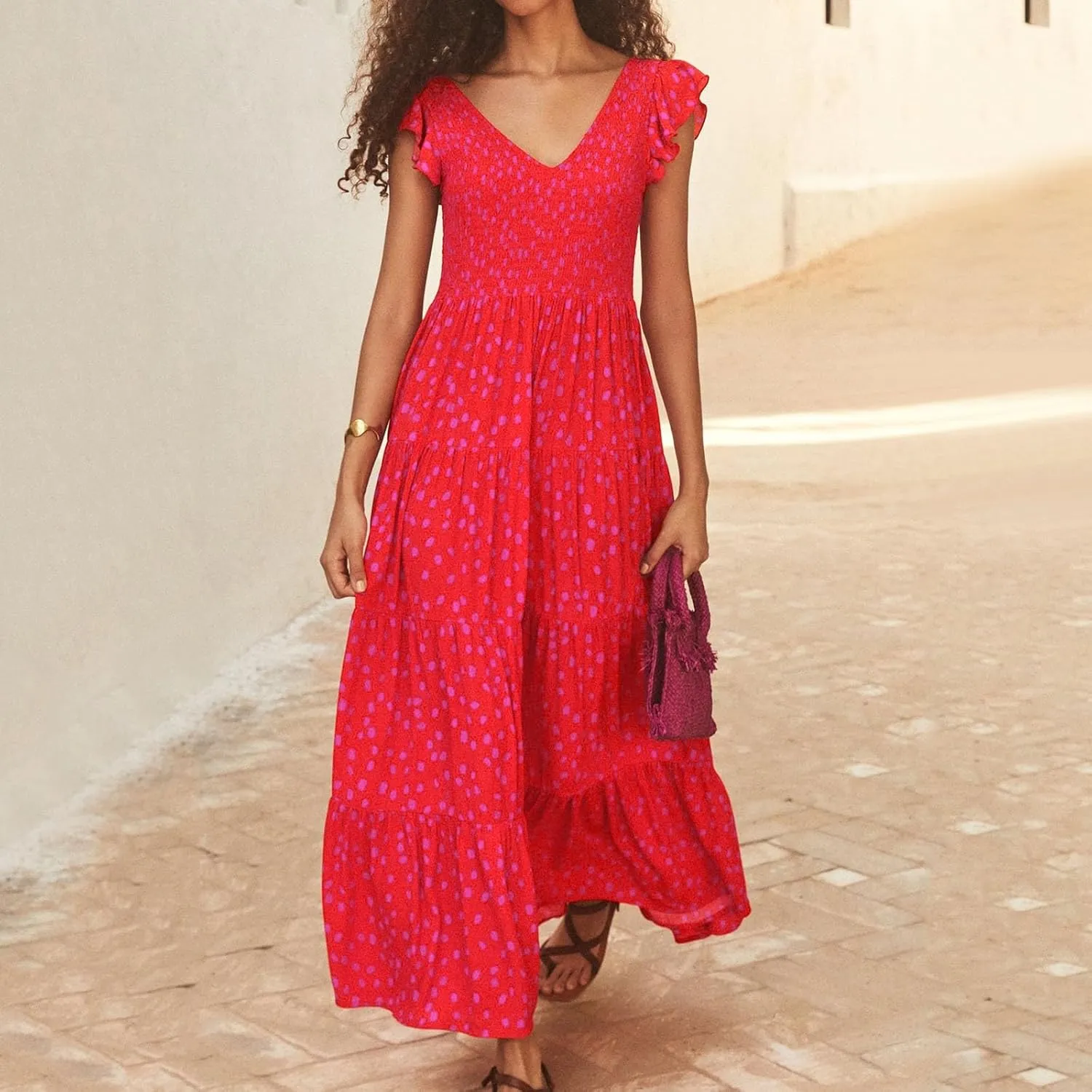 Women's Casual Maxi Dresses Ruffle Sleeve Smocked Dress High Waisted Plus Size Long Dresses Split Flowy Sundress