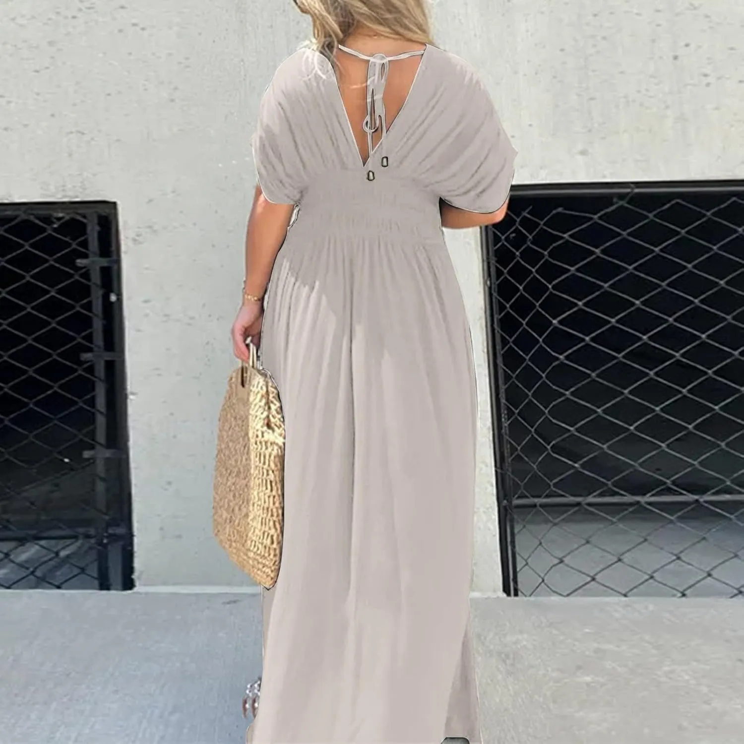 Women's Casual Maxi Dresses Ruffle Sleeve Smocked Dress High Waisted Plus Size Long Dresses Split Flowy Sundress