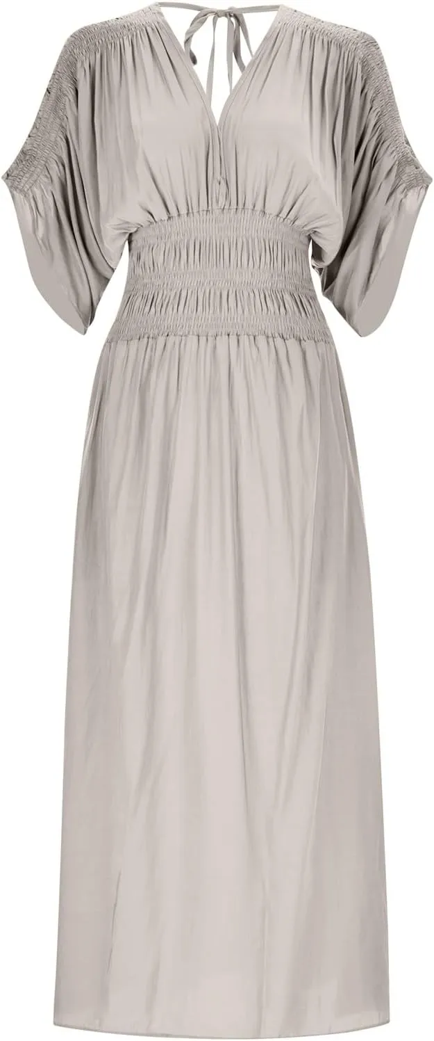 Women's Casual Maxi Dresses Ruffle Sleeve Smocked Dress High Waisted Plus Size Long Dresses Split Flowy Sundress
