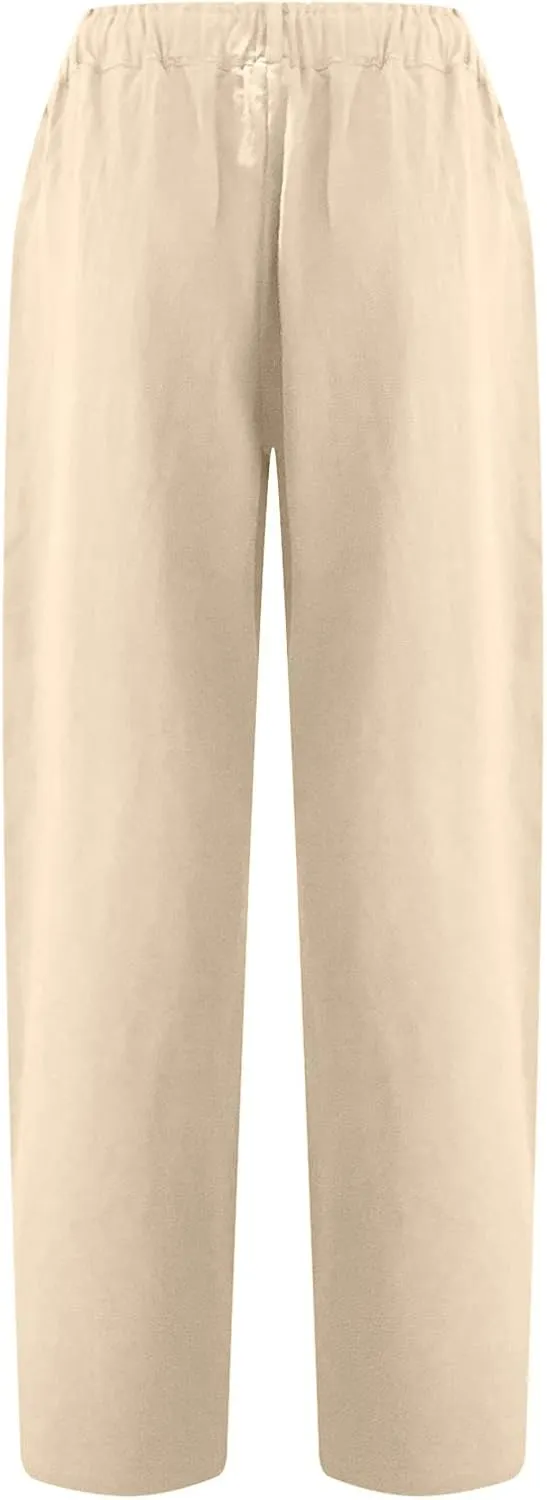 Womens Casual Summer Cotton Linen Pants Elastic Waist Straight Leg Capris Pant Cropped Lounge Trousers with Pockets