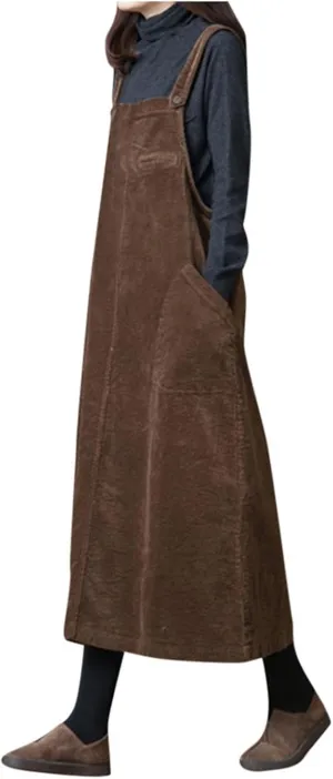 Women's Cocktail Dress Plus Size Solid Pocket Corduroy Strap Dress Loose Maxi Dresses, M-2XL