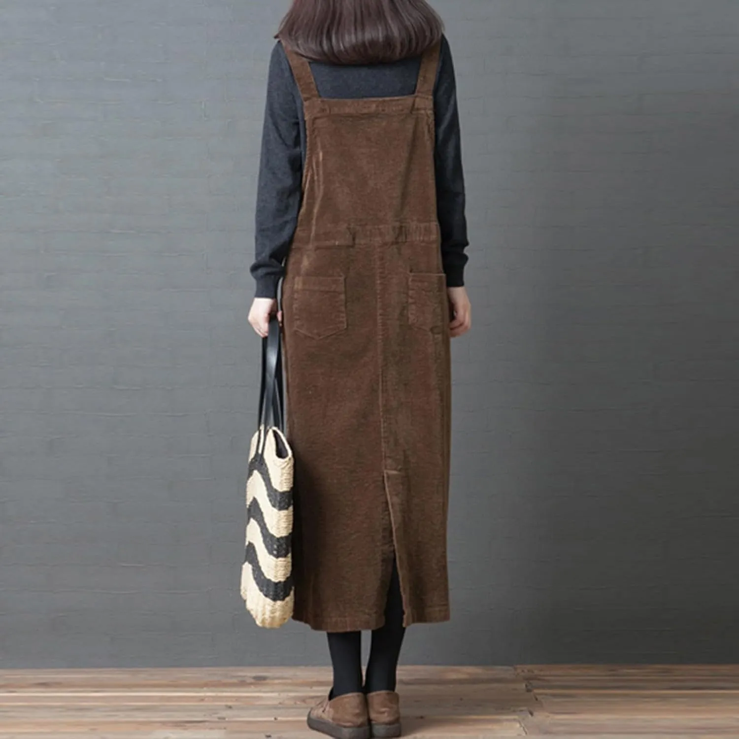 Women's Cocktail Dress Plus Size Solid Pocket Corduroy Strap Dress Loose Maxi Dresses, M-2XL