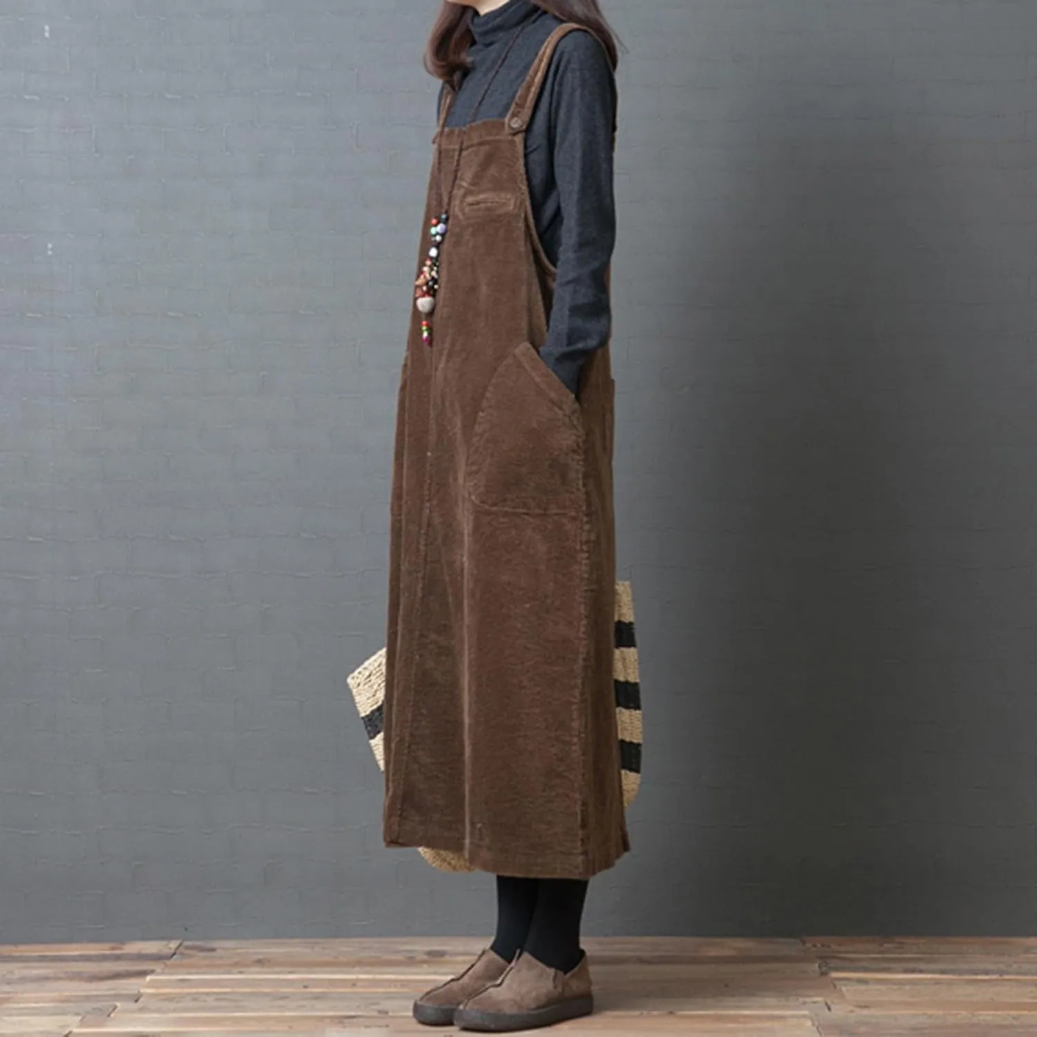 Women's Cocktail Dress Plus Size Solid Pocket Corduroy Strap Dress Loose Maxi Dresses, M-2XL