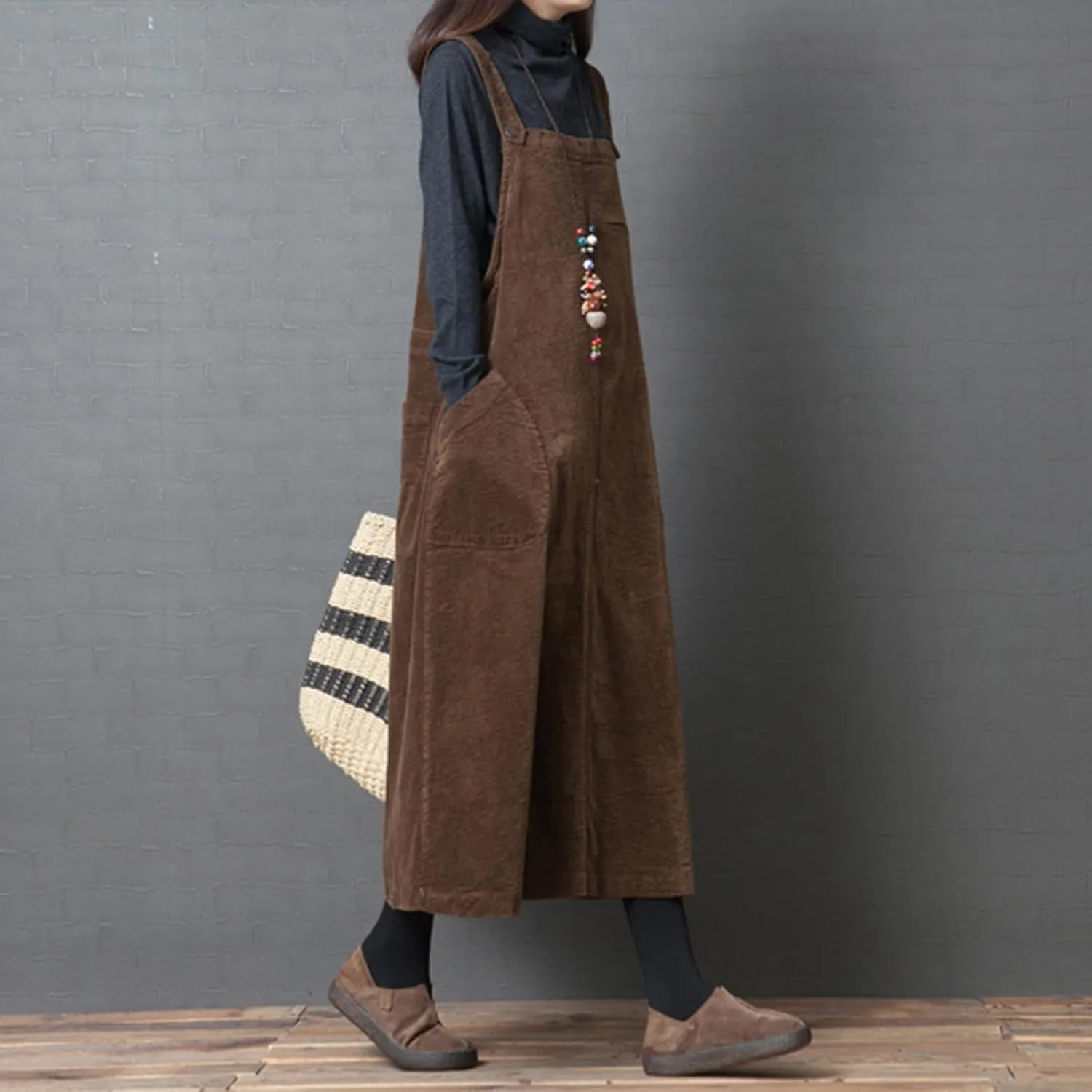 Women's Cocktail Dress Plus Size Solid Pocket Corduroy Strap Dress Loose Maxi Dresses, M-2XL