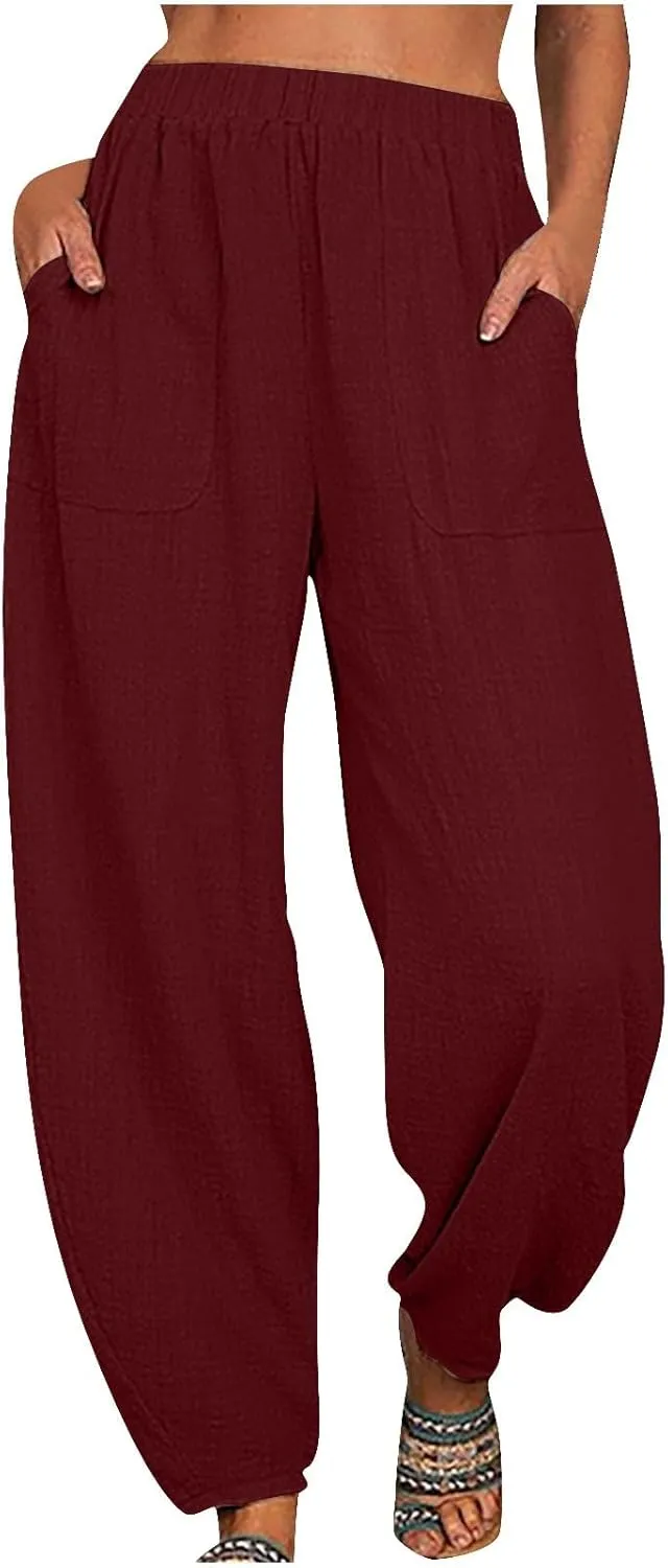 Womens Cotton Linen Harem Pants Lounge Elastic High Waist Trousers Summer Relaxed Fit Pant Solid Comfy Pockets Pants