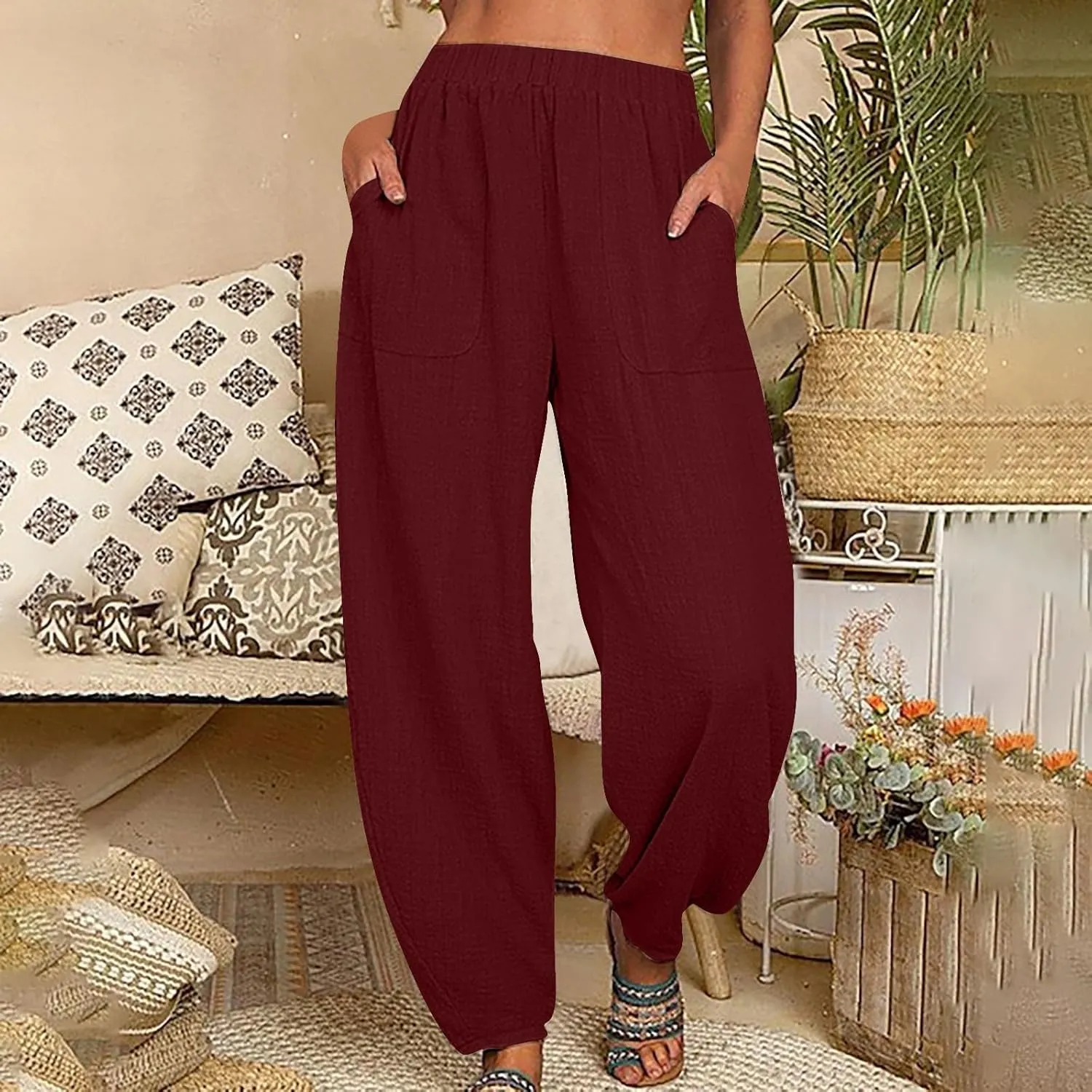 Womens Cotton Linen Harem Pants Lounge Elastic High Waist Trousers Summer Relaxed Fit Pant Solid Comfy Pockets Pants