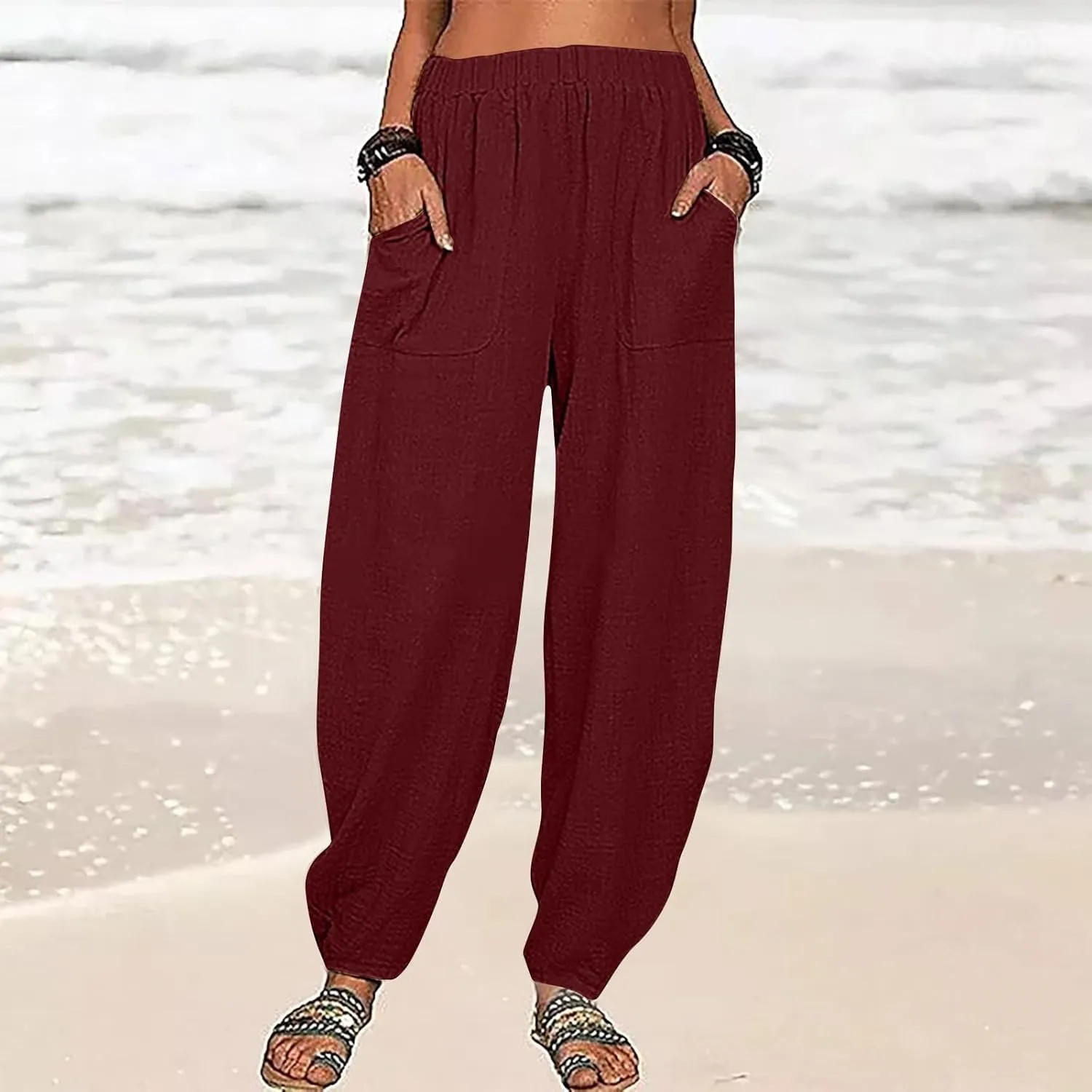 Womens Cotton Linen Harem Pants Lounge Elastic High Waist Trousers Summer Relaxed Fit Pant Solid Comfy Pockets Pants