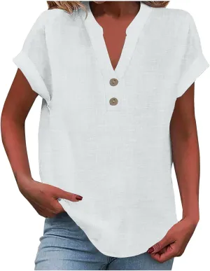 Women's Cotton Linen Henley Shirts Women's Spring Autumn Casual Double Pocket Short Loose Fit Fashion Trendy Clothes