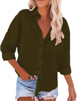 Women's Cotton Linen Henley Shirts Women's Spring Autumn Casual Double Pocket Short Loose Fit Fashion Trendy Clothes