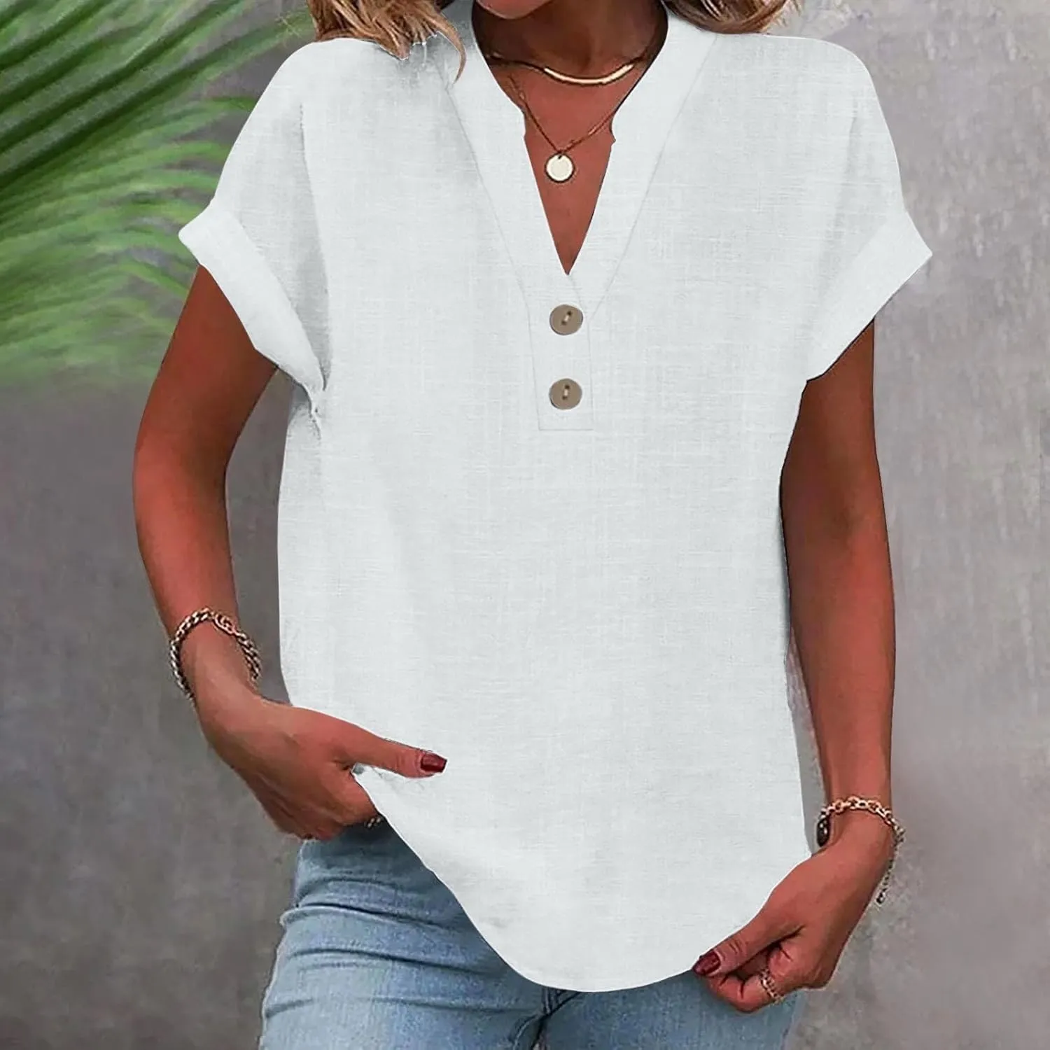 Women's Cotton Linen Henley Shirts Women's Spring Autumn Casual Double Pocket Short Loose Fit Fashion Trendy Clothes