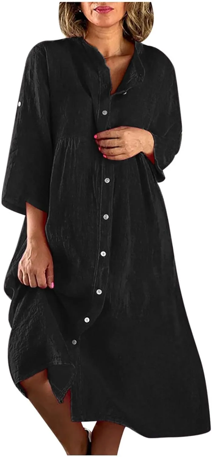 Women's Cotton Linen Long Sleeve Button Down Shirt Dress Summer Casual Plus Size A-Line Swing Midi Dress with Pockets