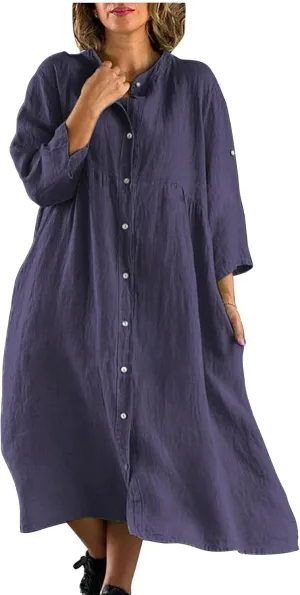 Women's Cotton Linen Long Sleeve Button Down Shirt Dress Summer Casual Plus Size A-Line Swing Midi Dress with Pockets