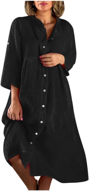 Women's Cotton Linen Long Sleeve Button Down Shirt Dress Summer Casual Plus Size A-Line Swing Midi Dress with Pockets