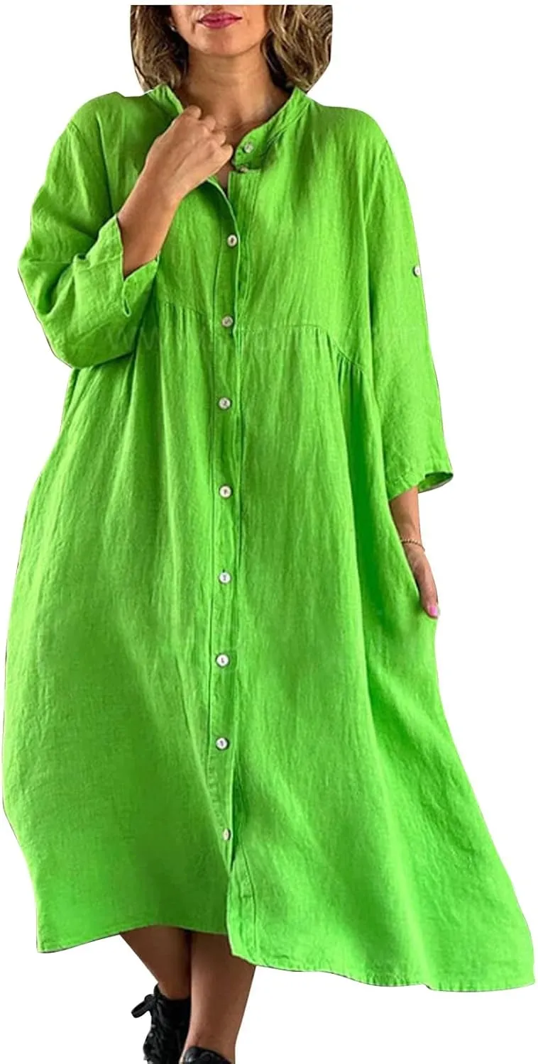 Women's Cotton Linen Long Sleeve Button Down Shirt Dress Summer Casual Plus Size A-Line Swing Midi Dress with Pockets